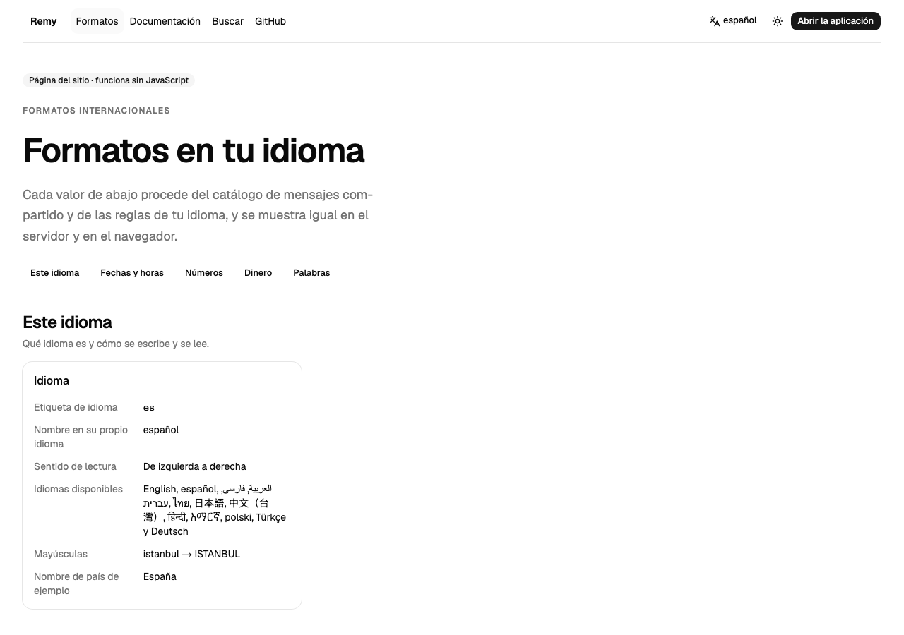 La página de formatos en español