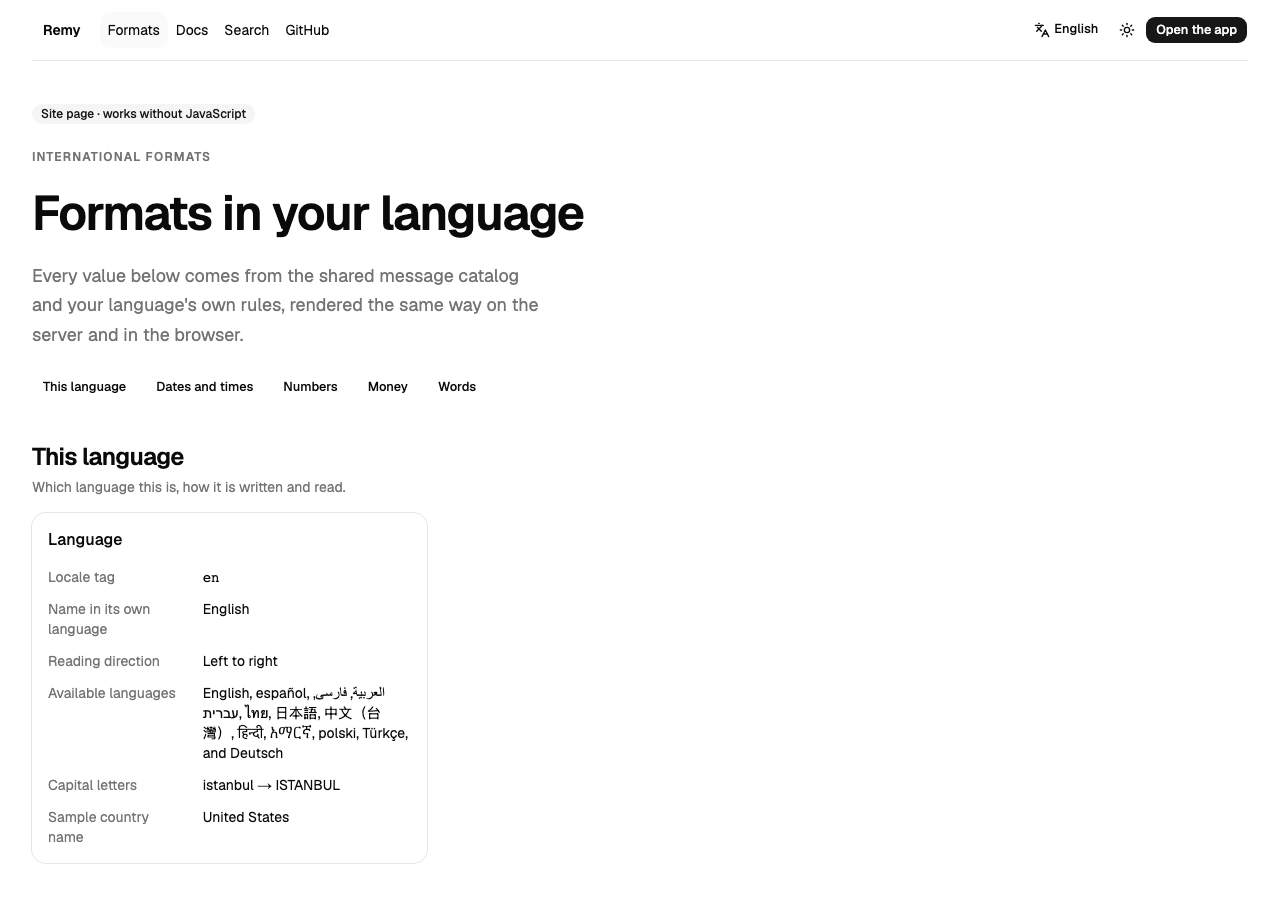 The Formats page in English